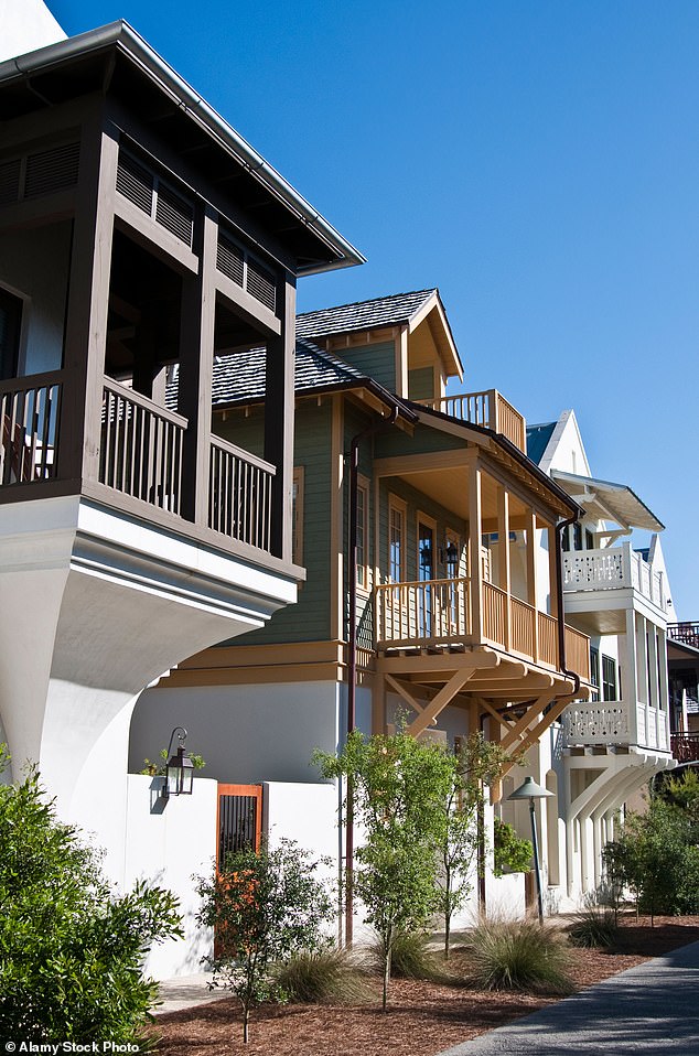 A row of homes overlooking the afternoon sun in Rosemary Beach, Florida