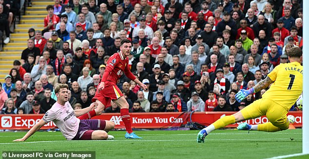 Andrew Robertson saw a shot saved at the near post by Brentford goalkeeper Mark Flekken