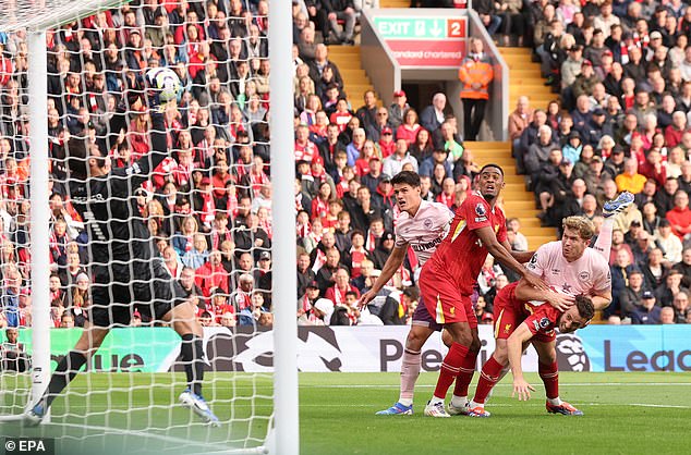 Alisson was brought on in the second half to save a Nathan Collins header