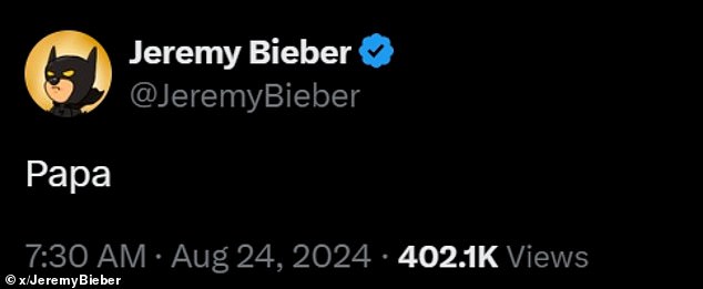 “Dad,” was the comment Jeremy Bieber, 49, wrote on X on August 24, perhaps referring to the name he wants his grandson to be called