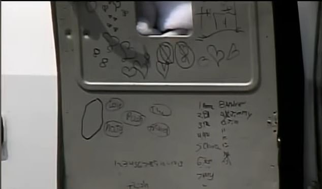 Pictured: Disturbing scribbles on the interior of the stolen vehicle Mix used to abduct the five-year-old girl in June 2003