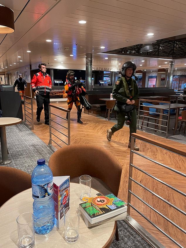 The drama unfolded on Saturday evening a fortnight ago as the Brittany Ferries vessel was almost 24 hours into its voyage to Spain. Pictured: Emergency services running through the ship