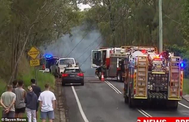 Pictured: Emergency services attend the crash involving Taufua, which killed Susan Zimmer, 70, her partner Chris Fawcett, 79, and Mrs Zimmer's daughter Steffanie.