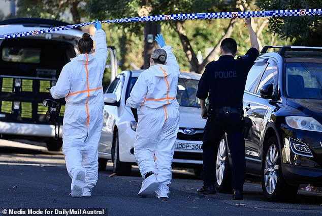 Pictured: Forensic personnel arrive on scene