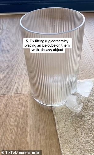 You can repair loose corners of a carpet by placing an ice cube on it with a heavy object