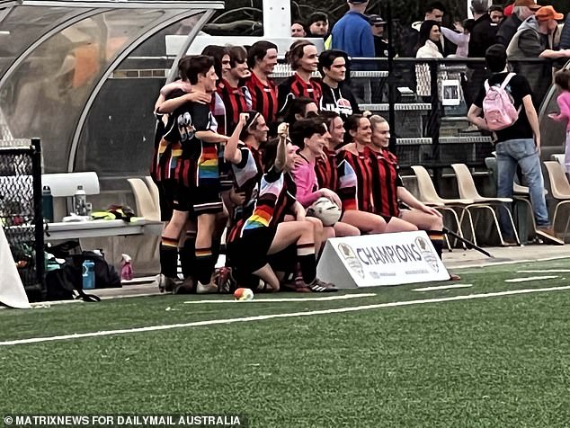 Flying Bats players celebrate their controversial win over West Pennant Hills Cherrybrook Football Club in the Premier League Women's Grand Ginal