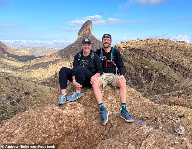 Her husband Andrew, pictured here with Nickerson, was found by local rafters, along with more than 100 others who were swept away by the water