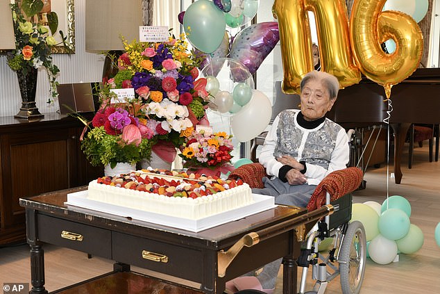 Experts say you shouldn't follow the health advice of the world's oldest people because it probably won't help you. Pictured is the world's oldest woman, Tomiko Itooka, celebrating her 116th birthday. She is currently the oldest living person in the world