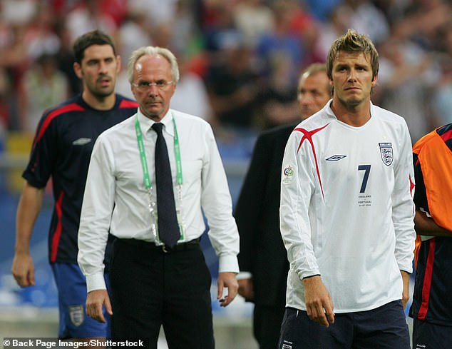 Eriksson left the England post after the team were knocked out in the quarter-finals of the 2006 World Cup by Portugal (pictured with a dejected Beckham after the match)