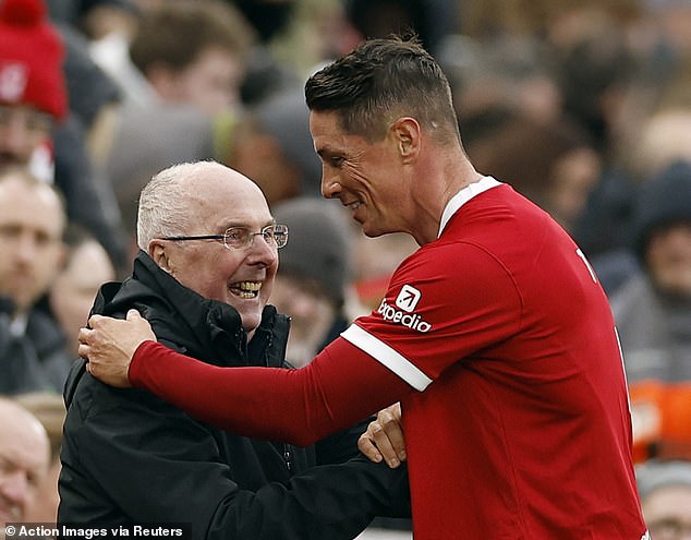 Sven Goran-Eriksson with Fernando Torres at the Liverpool Legends match in March, where he fulfilled his lifelong dream of coaching the Anfield side