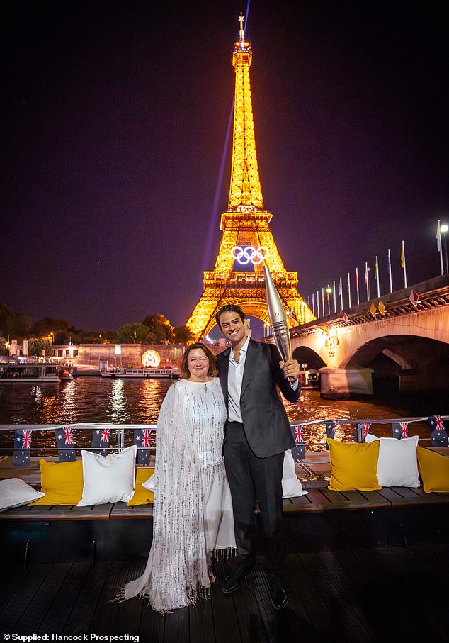 Ms Rinehart with Italian opera singer Matteo Bocelli at the party she hosted for the Australian Olympians, which she has funded to the tune of $80 million since 2012