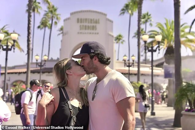 The couple, who have been married since 2013, also exchanged a kiss, with the park pavilion in the background.