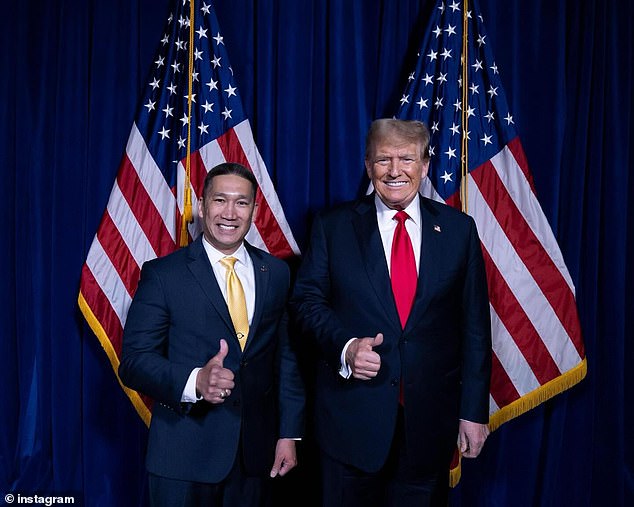 Cao, a Republican, will face Tim Kaine in the state's Senate primary in November. Trump, seen here with the candidate during a meeting this year, has emerged as one of his staunchest supporters