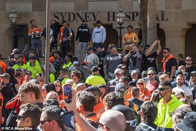 Asked whether forcing the CFMEU into administration would limit workers' ability to unionise, Albanese said the aim was 'real union membership' (pictured protesters in Sydney)