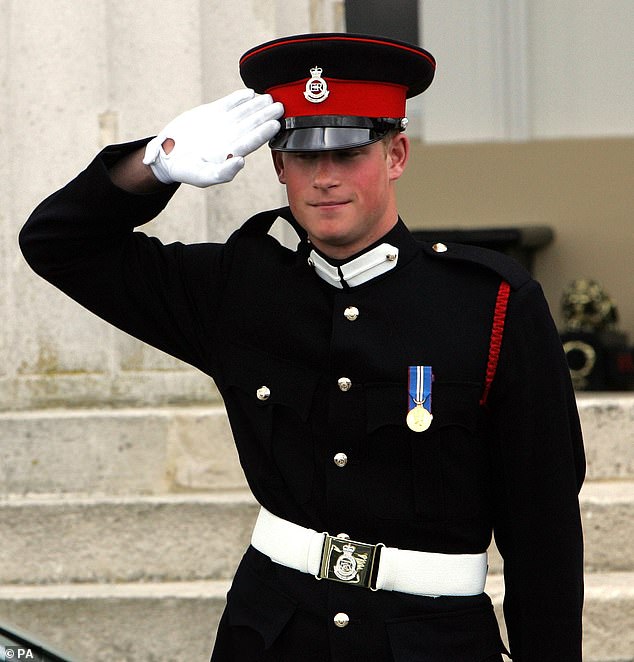 Prince Harry greets his father and then the Prince of Wales as he leaves Sandhurst Royal Military Academy in 2007, marking the completion of his training