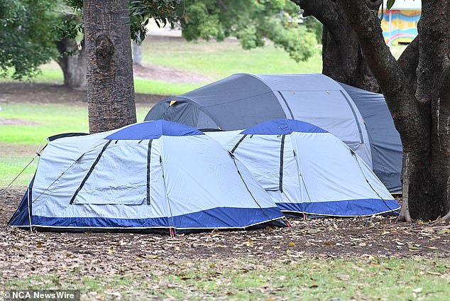 Many homeless people have no choice but to pitch a tent in a public place, which can be dangerous (pictured are tents for homeless people in Brisbane)