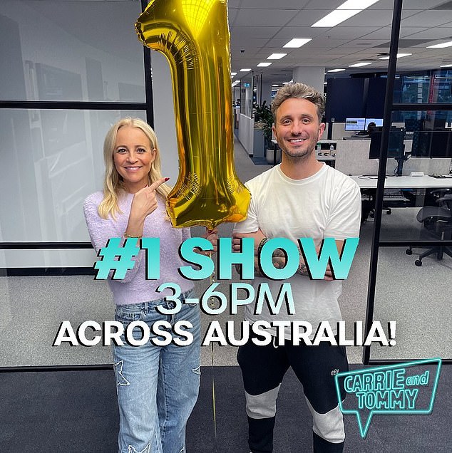 Carrie, 43, and Tommy, 39, stood between an inflatable number one to announce they had scored the most popular radio spot at 3pm-6pm across Australia