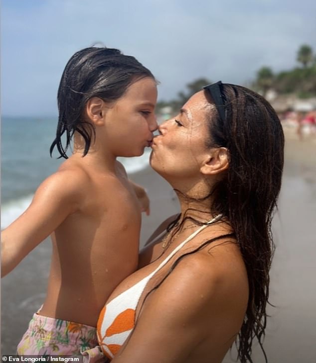 The 49-year-old Desperate Housewives star relaxed in the sea with her family, while she was joined by her six-year-old son Santiago, and they shared a sweet snap together