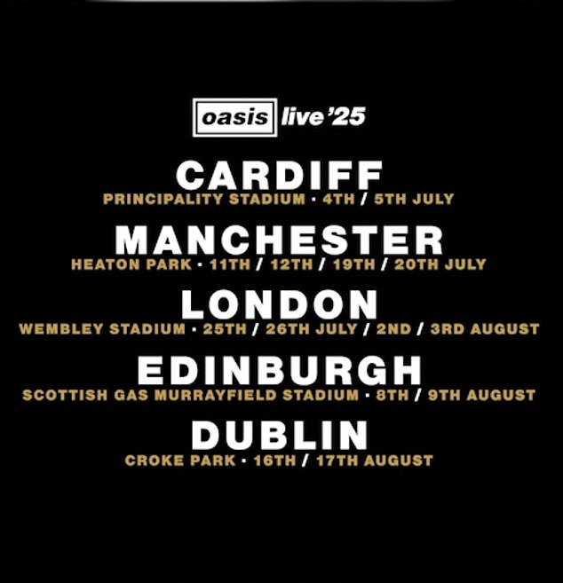 These are the shows where Oasis will be performing. It is known that Glastonbury is not on the schedule