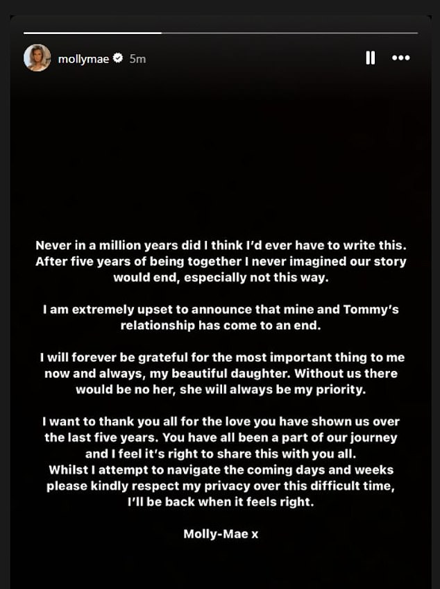 Molly wrote on Instagram Stories: 'Never in a million years did I think I would ever have to write this'