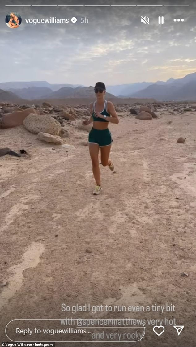 Vogue also shared a clip of herself running across the rugged terrain and admired her husband's strength in taking on such a huge challenge