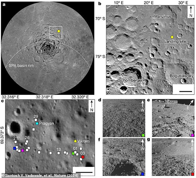 After the Vikram lander touched down at a site near the moon's south pole (illustrated in yellow) last August, it deployed a rover that collected data on the moon's mineral composition