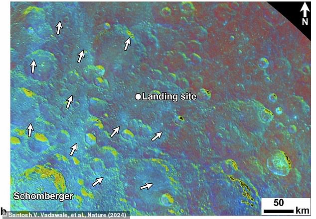 The researchers believe that magnesium was deposited in the soil by the same impact that formed the South Pole-Aitken Basin more than 217 miles (350 km) away. This magnesium was then further mixed into the area by impacts such as Schomberger Crater (impact illustrated)