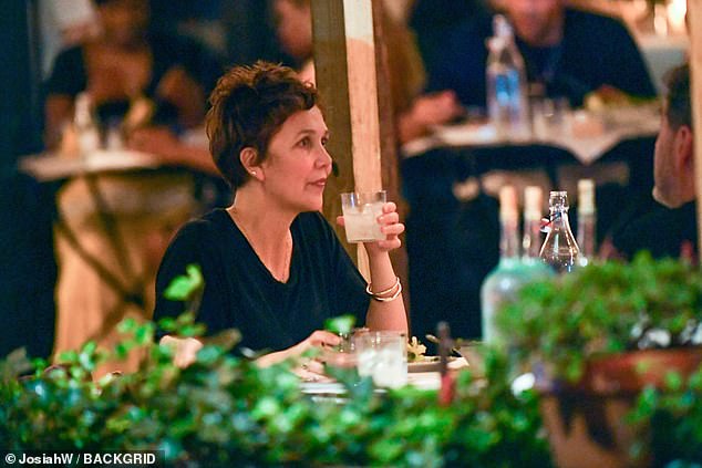 The 46-year-old actress looked casual for the evening as she wore a black T-shirt and matching pants