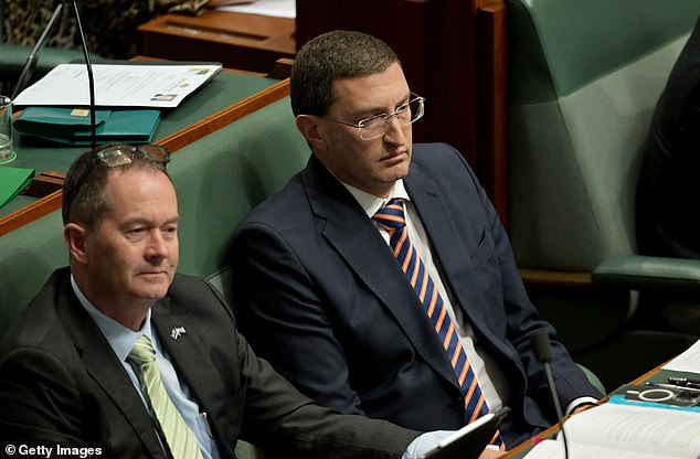 Liberal MP Julian Leeser (pictured right) is pictured in parliament on Thursday, asking why Senator Faruqi joined the Senate committee on anti-Semitism