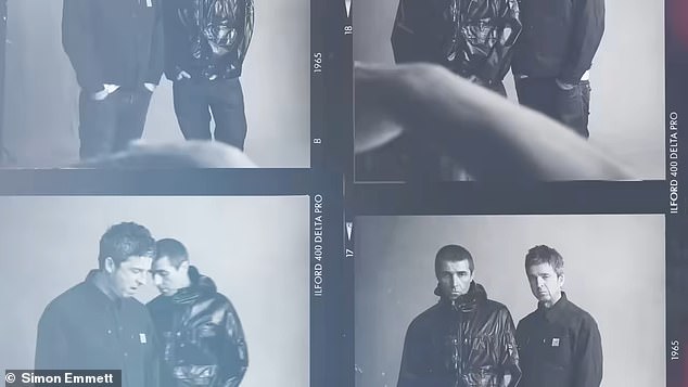 Liam, who is pictured with a buzzcut, wears a black waxy jacket, while Noel wears his traditional cropped jacket