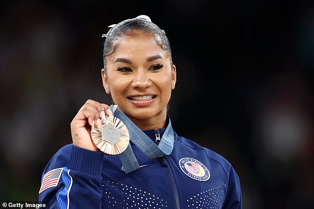 Team USA's Jordan Chiles looks on with her bronze medal on August 5 in Paris