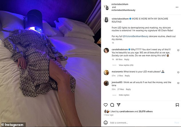 'More is more with my skincare routine!': Victoria Beckham looks like a robot from the future in her mask on bed