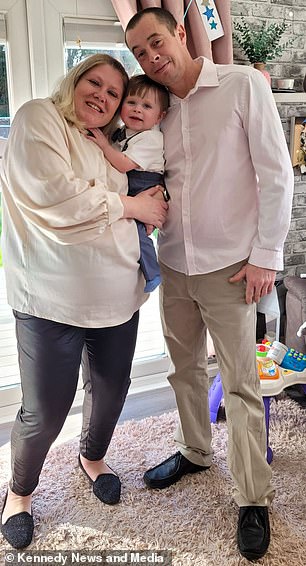 Zoe and Stuart are pictured here with their one-year-old son Jake