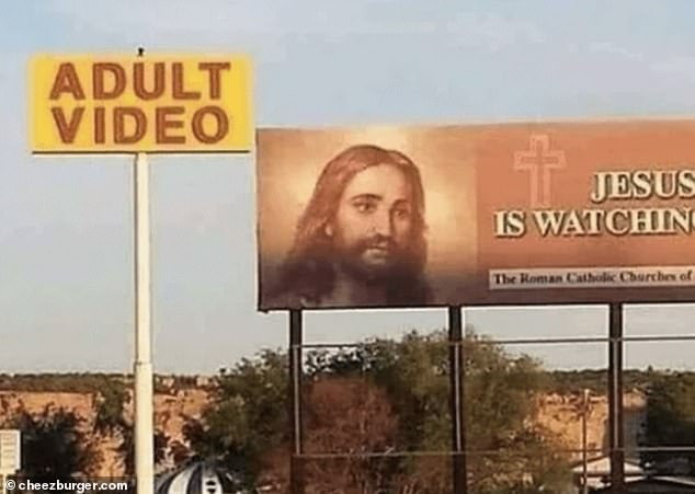 Meanwhile, a hilarious billboard for a Catholic church was placed right next to an advertisement for an adult video store