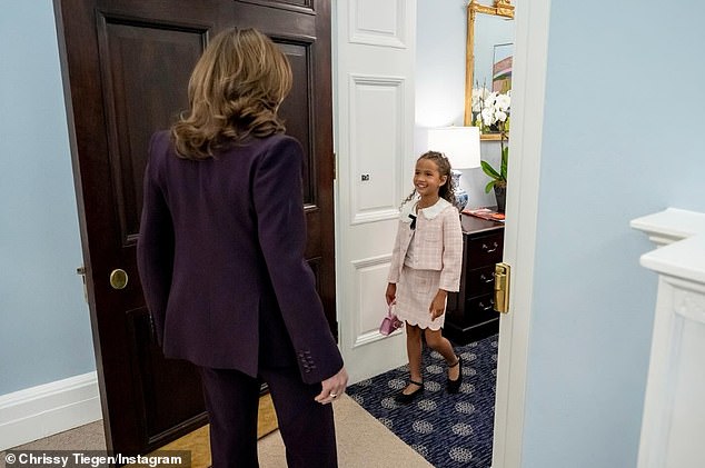 On Tuesday, Teigen shared a throwback to the moment their eldest child met Vice President and Democratic presidential candidate Kamala Harris (L) at the White House in Washington, D.C. two months ago