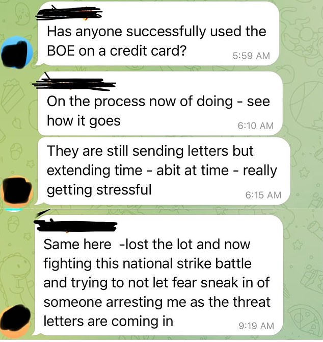 The message also included a screenshot of a sovereign citizen asking if anyone had used the 'exchange law' to avoid paying their credit card debts on Telegram (pictured)