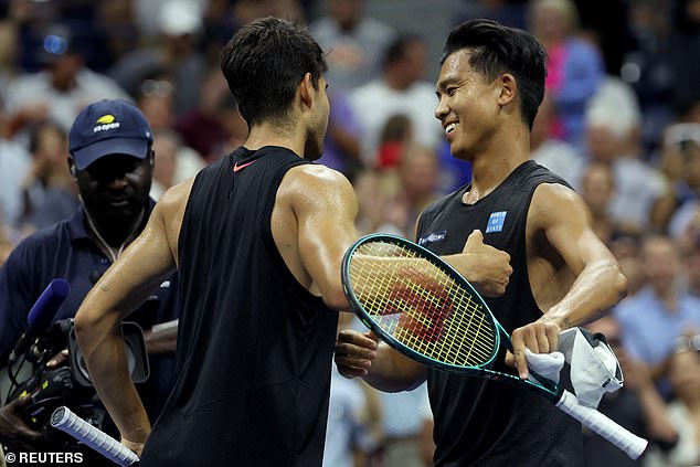 The two players embraced warmly after Alcaraz secured a 6-2 4-6 6-3 6-1 victory