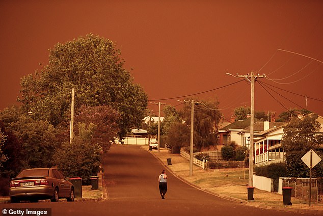 The RFS spokesperson urged landowners not to set 'private hazard reduction burns' (pictured: a woman looks out onto her street as the sky turns red from the fires on January 4, 2020 in Bruthen in East Gippsland, Victoria)