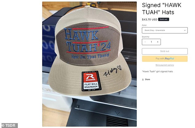 As a submission requirement, Welch also submitted a photo of a beige and brown hat with her phrase “Hawk Tuah '24. Spit On That Thing” written in red, which was made in collaboration with Tennessee-based hat company Fathead Threads.