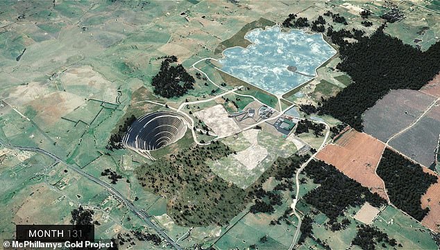 The proposed site just outside Orange, NSW, would feature an open pit mine, processing plant and tailings dam (pictured)