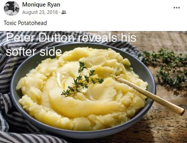 The meme Teal MP Monique Ryan shared about Peter Dutton in 2018 is pictured. She called him 'Toxic Potatohead'