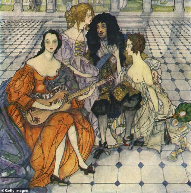 Image of King Charles II by artist Kitty Shannon with his mistresses Nell Gwynn, Louise de Kérouaille and Hortense Mancini