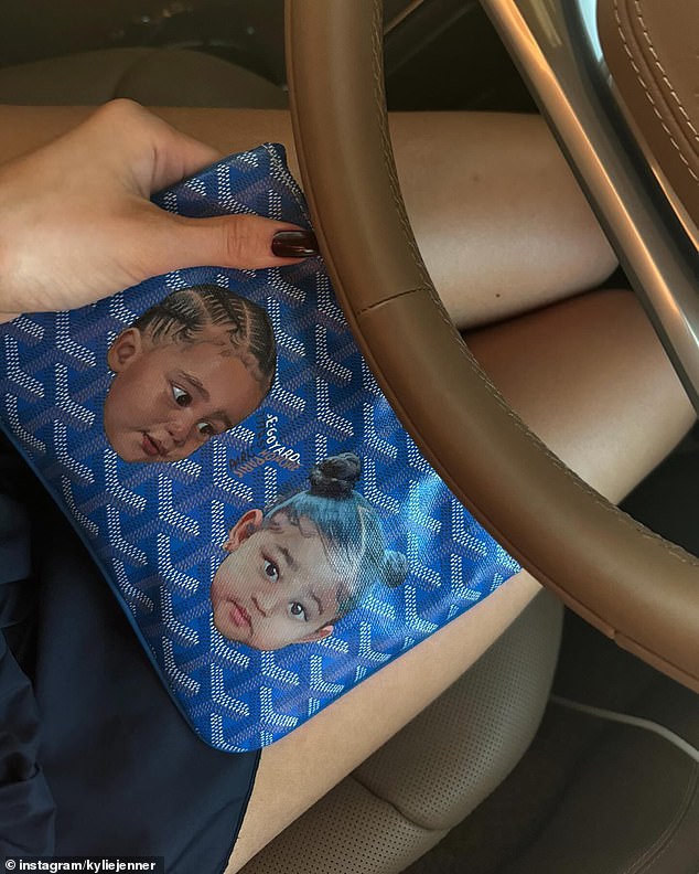 Kylie also showed off a custom Goyard handbag featuring her children's faces on it