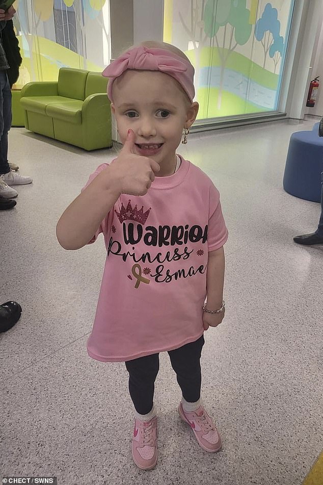 Esmae later had her right eye removed in July, but just a month later in August she suffered another devastating blow. Doctors had discovered cancer cells in her optic nerve during a biopsy after the eye was removed