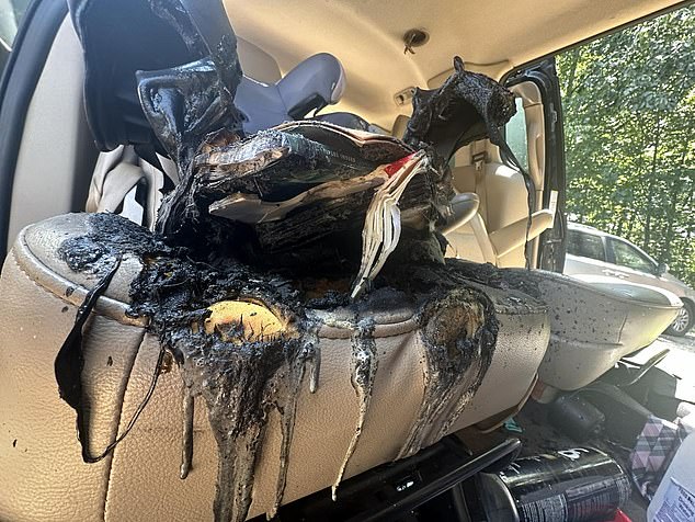 Photos from the scene showed how the fire had completely melted through the plastic child seat and the leather car seat