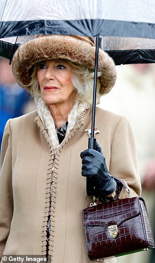 Queen Camilla wears the Midi Mayfair in burgundy crocodile leather (pictured in 2023)