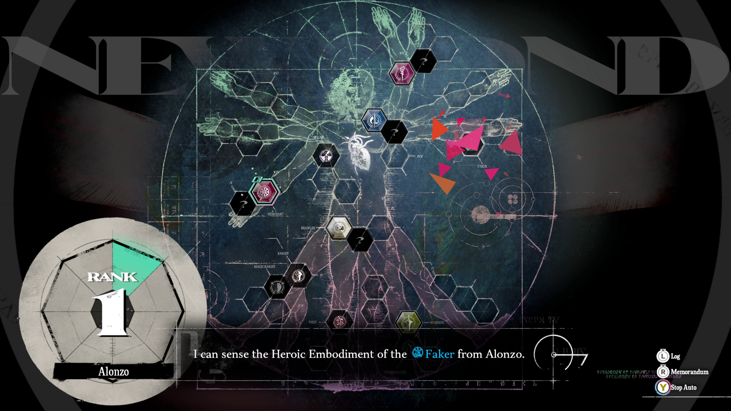 One of the UI screens in Metaphor: ReFantazio, with art reminiscent of DaVinci's Vitruvian Man in the background, covered with dozens of hexagonal icons