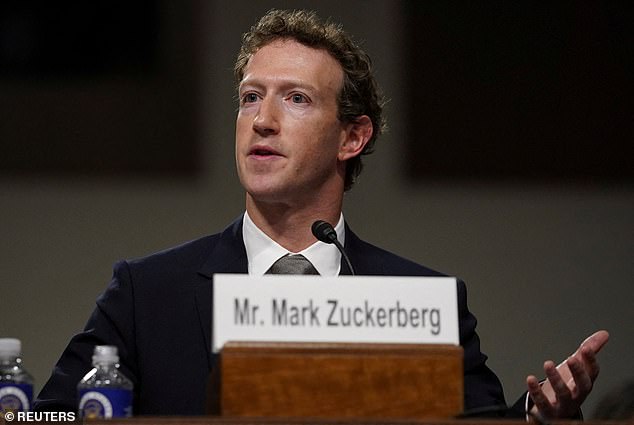 Above, Zuckerberg testifies at the Senate Judiciary Committee hearing on online child sexual exploitation at the U.S. Capitol in Washington DC on January 31, 2024