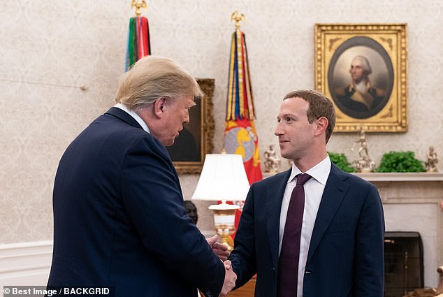 Above, Trump welcomes Zuckerberg to the Oval Office of the White House on September 19, 2019.