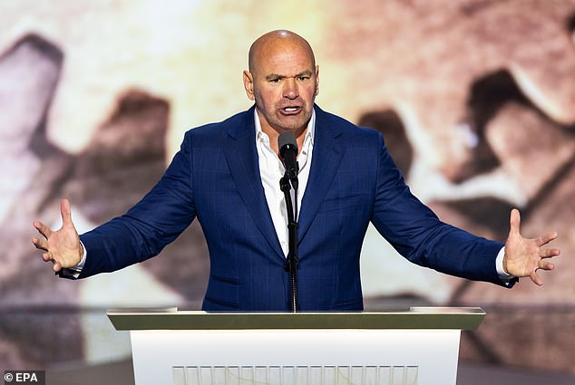 Above, UFC President Dana White delivers a speech during the final day of the Republican National Convention (RNC) at the Fiserv Forum in Milwaukee, Wisconsin on July 18, 2024